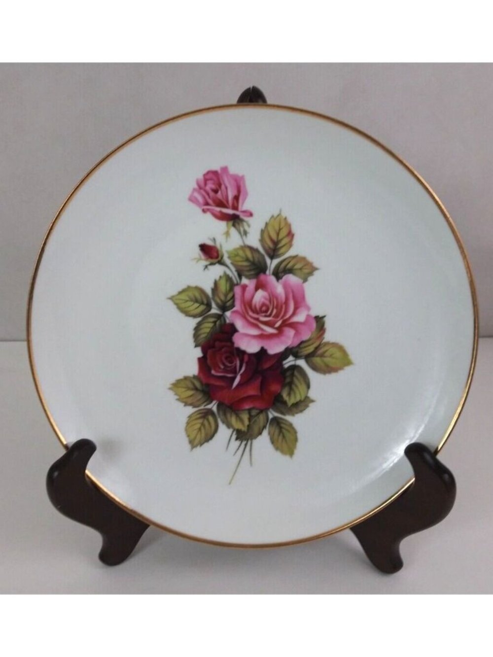Vintage Red & Pink Floral Roses 8.18" Gold Trim Decorative Plate